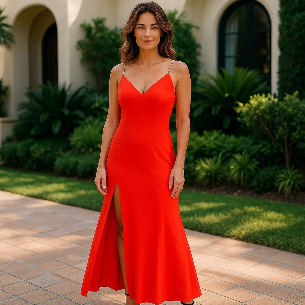 NWT‎ Liv Foster Crepe Gown Pearl Spaghetti Straps Wedding Formal Black Tie Maxi